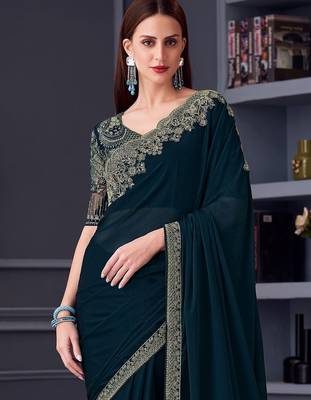 teal embroidered pure chiffon saree 3