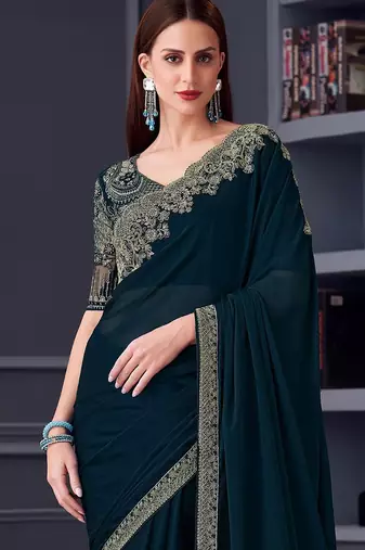 teal embroidered pure chiffon saree