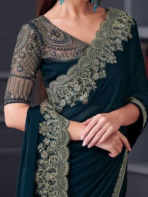 teal embroidered pure chiffon saree 4