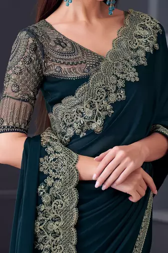 teal embroidered pure chiffon saree