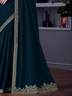 teal embroidered pure chiffon saree 5