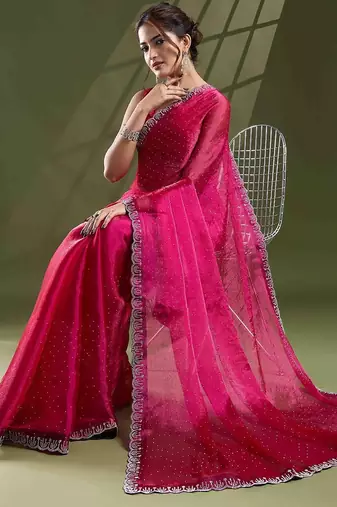 magenta embellished beads and stones silk blend saree