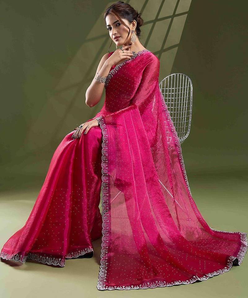 magenta embellished beads and stones silk blend saree