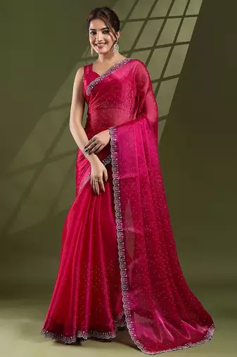 magenta embellished beads and stones silk blend saree