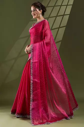 magenta embellished beads and stones silk blend saree