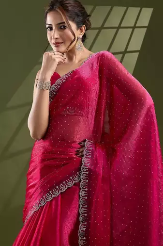 magenta embellished beads and stones silk blend saree