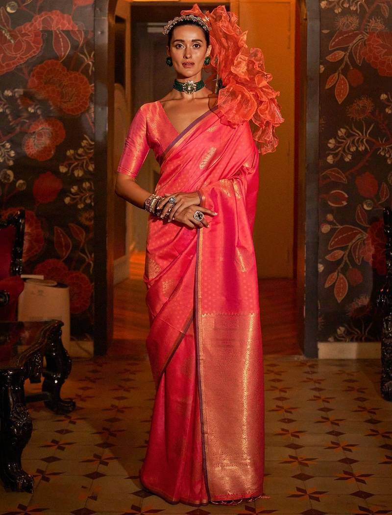 pink woven design banarasi saree