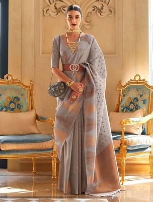 grey woven design zari tissue banarasi saree 1