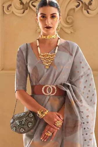 grey woven design zari tissue banarasi saree