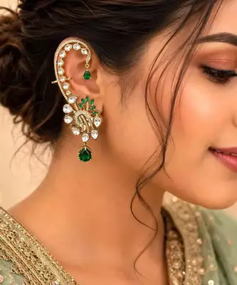 Emerald Green Kundan Ear Cuff Earrings 1