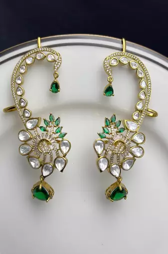 Emerald Green Kundan Ear Cuff Earrings