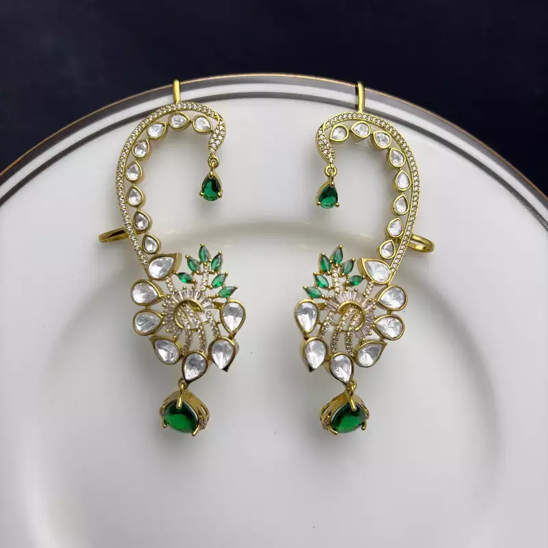Emerald Green Kundan Ear Cuff Earrings
