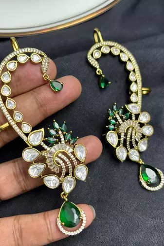 Emerald Green Kundan Ear Cuff Earrings