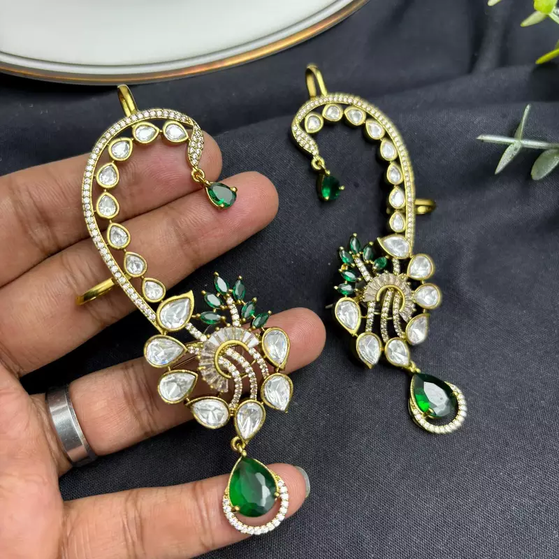 Emerald Green Kundan Ear Cuff Earrings