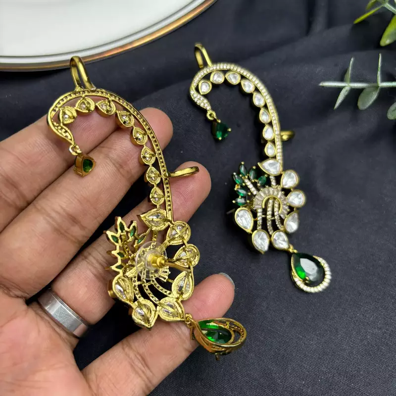 Emerald Green Kundan Ear Cuff Earrings