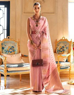 pink woven design zari tissue banarasi saree 1