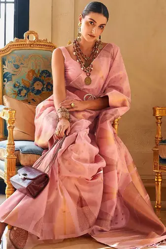 pink woven design zari tissue banarasi saree