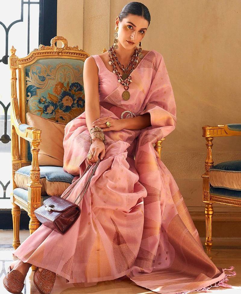 pink woven design zari tissue banarasi saree