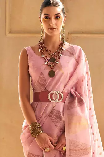pink woven design zari tissue banarasi saree
