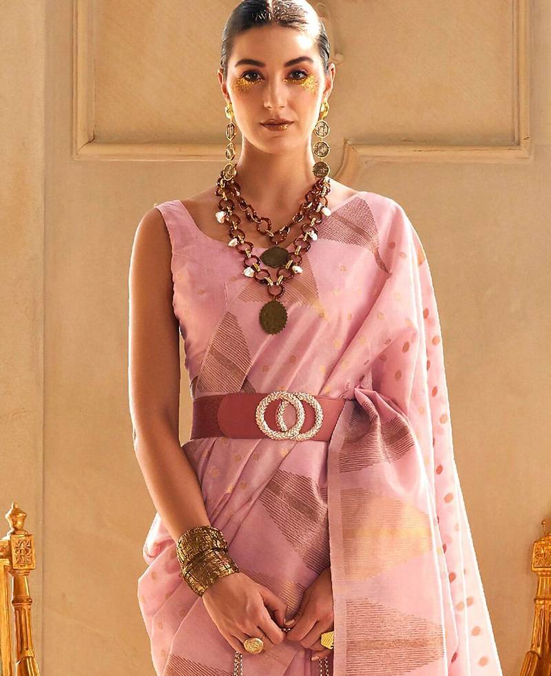 pink woven design zari tissue banarasi saree