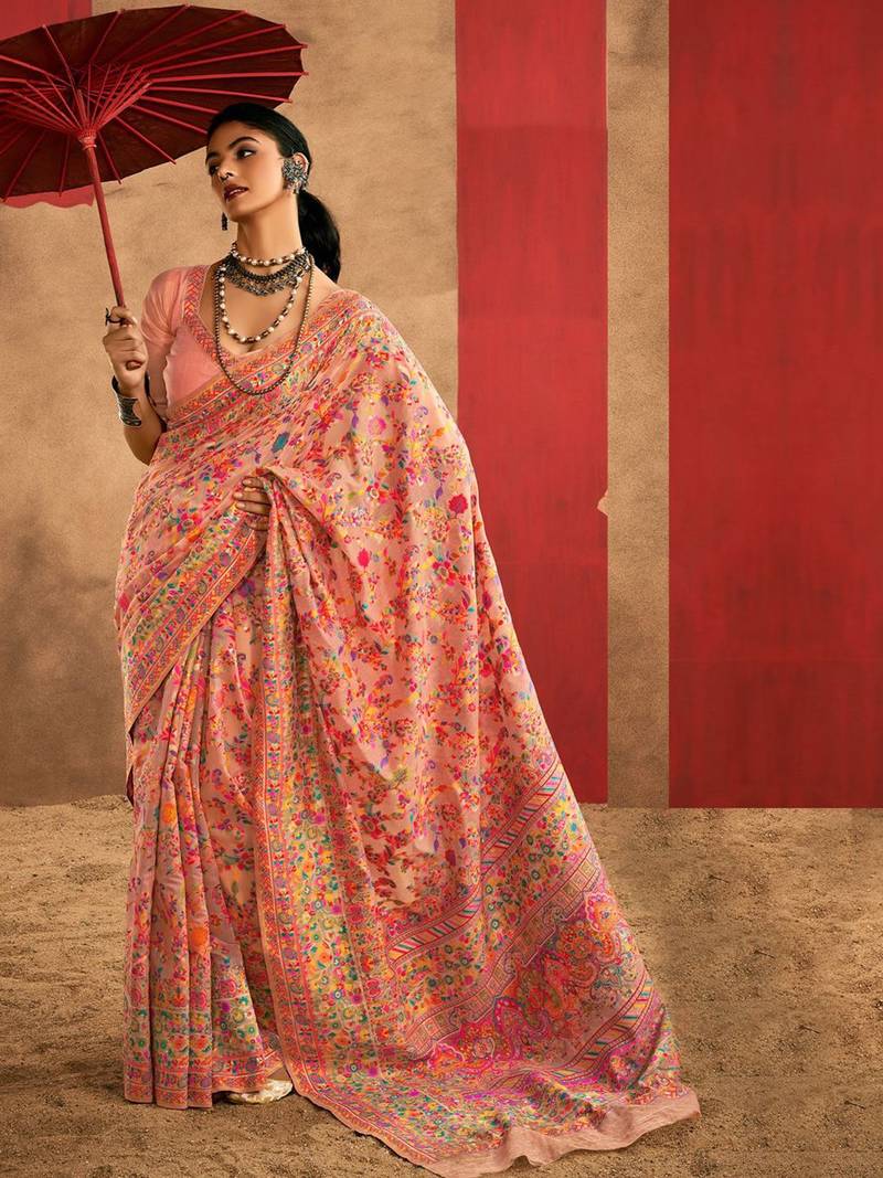 peach woven design zari silk cotton saree