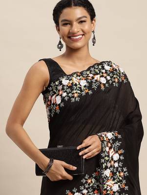 black women black floral embroidered sequinned silk blend saree 1