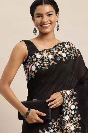 black women black floral embroidered sequinned silk blend saree