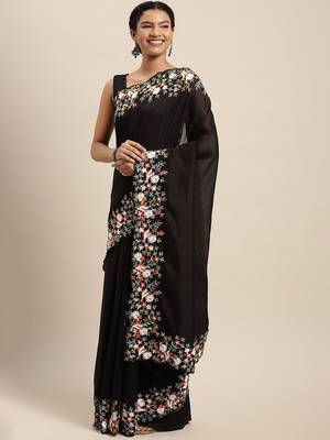 black women black floral embroidered sequinned silk blend saree 2