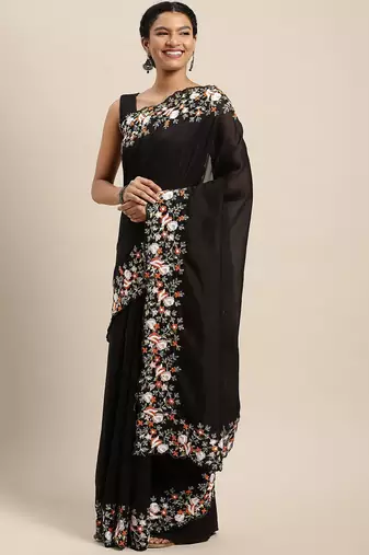 black women black floral embroidered sequinned silk blend saree