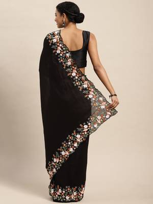 black women black floral embroidered sequinned silk blend saree 3