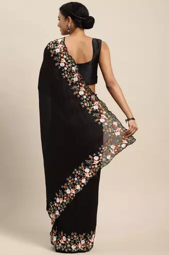 black women black floral embroidered sequinned silk blend saree