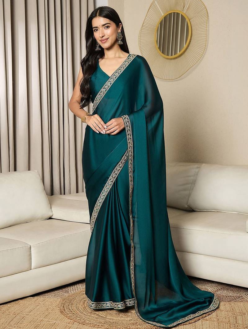 teal sequinned ready to wear saree