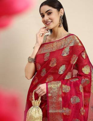 red ethnic motifs zari organza kanjeevaram saree 1
