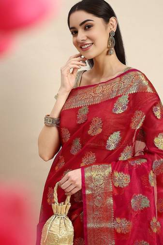 red ethnic motifs zari organza kanjeevaram saree