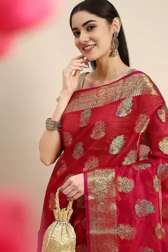 red ethnic motifs zari organza kanjeevaram saree