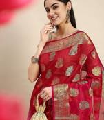 red ethnic motifs zari organza kanjeevaram saree