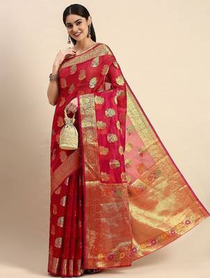 red ethnic motifs zari organza kanjeevaram saree 2