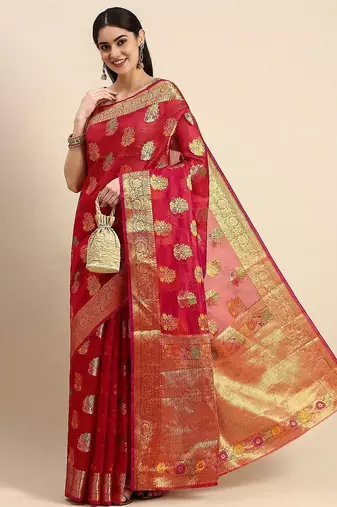 red ethnic motifs zari organza kanjeevaram saree