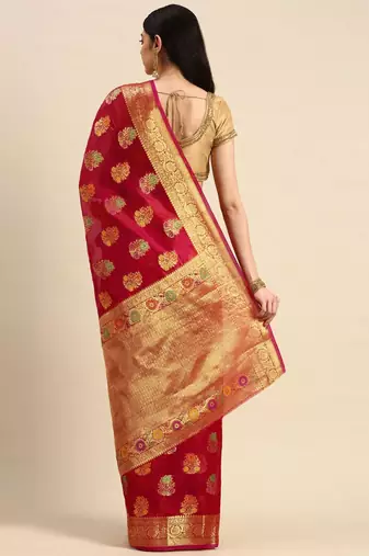 red ethnic motifs zari organza kanjeevaram saree