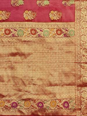 red ethnic motifs zari organza kanjeevaram saree 4