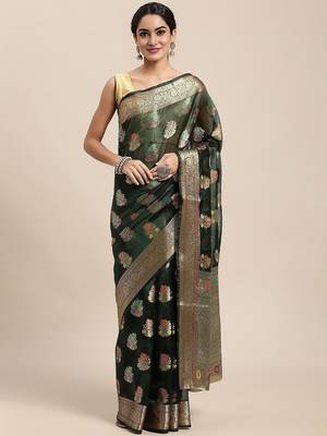 green ethnic motifs zari organza kanjeevaram saree 1