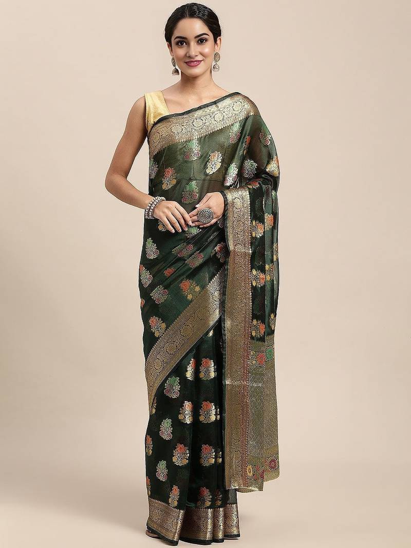 green ethnic motifs zari organza kanjeevaram saree