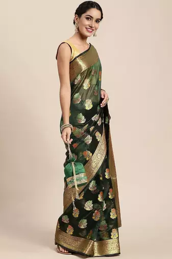 green ethnic motifs zari organza kanjeevaram saree