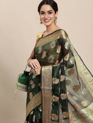 green ethnic motifs zari organza kanjeevaram saree 4