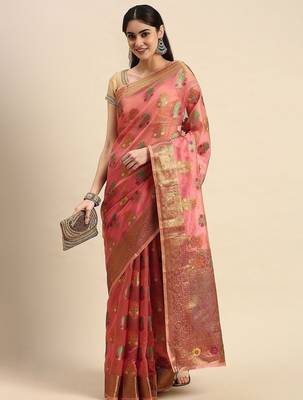 peach ethnic motifs zari woven kanjeevaram saree 1