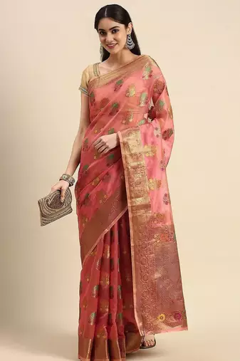 peach ethnic motifs zari woven kanjeevaram saree