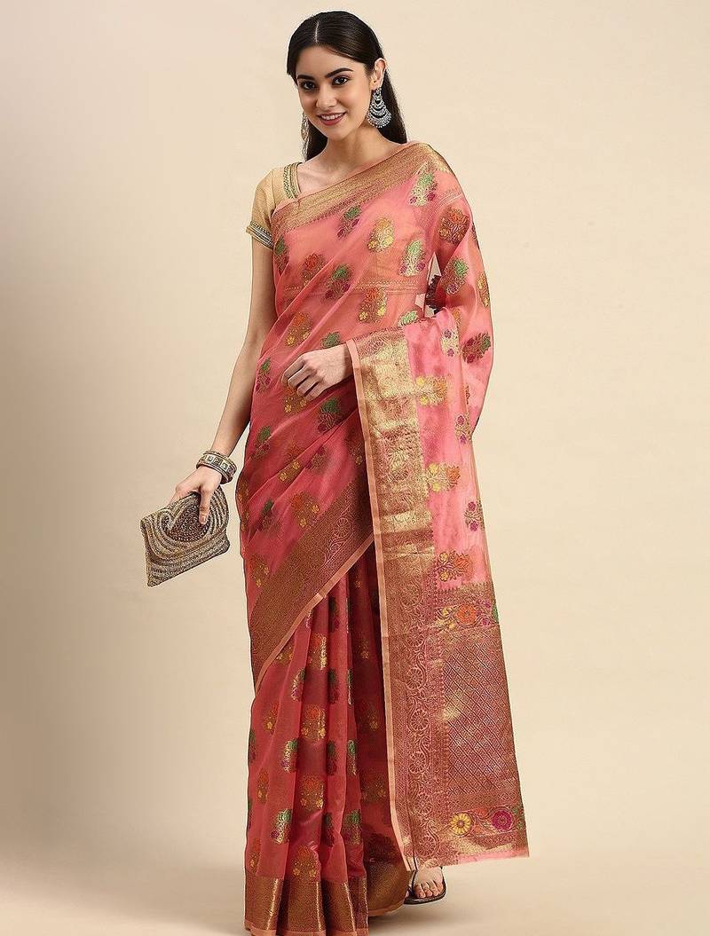 peach ethnic motifs zari woven kanjeevaram saree