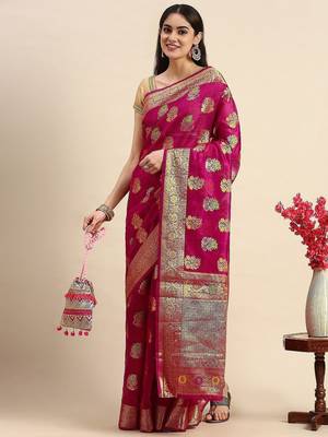 pink ethnic motifs zari organza kanjeevaram saree 1