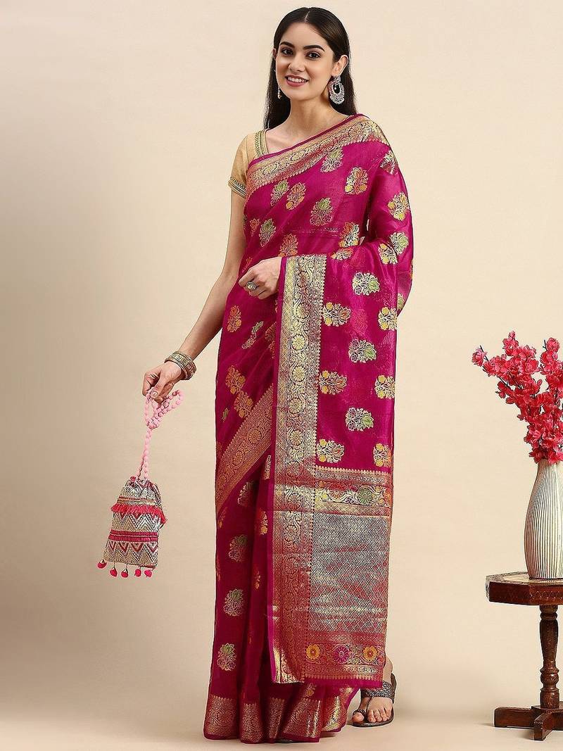 pink ethnic motifs zari organza kanjeevaram saree