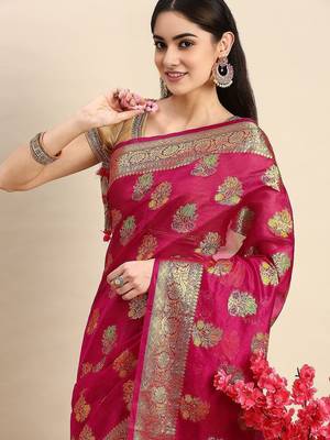 pink ethnic motifs zari organza kanjeevaram saree 3